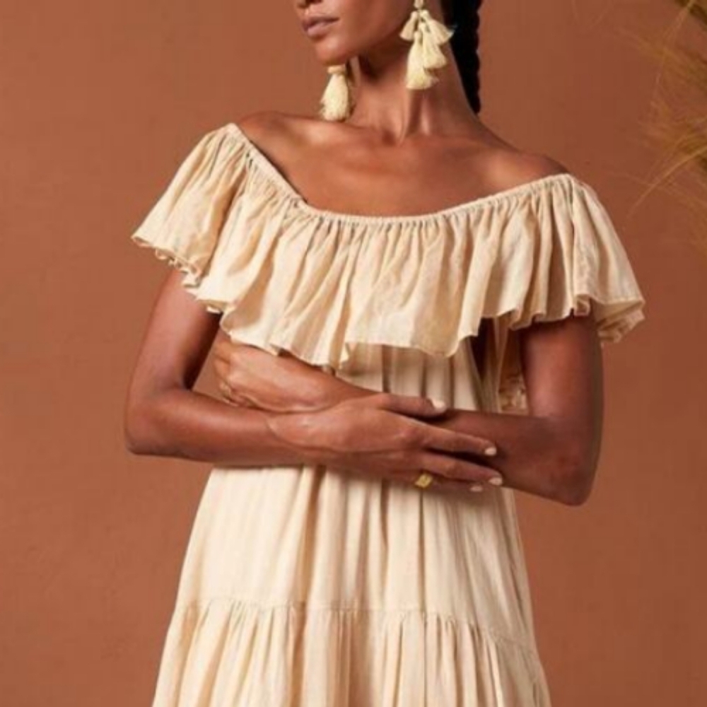 Erika Pena Anthropologie Rita Ruffle Off Shoulder Tiered Dress Warm Sand Beige